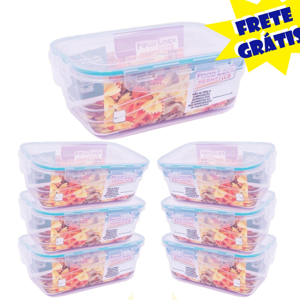 Kit 7 Marmitas Fitness 500ml Para Freezer E Microondas com 4 Travas e Anel Vedação Pote Organizador