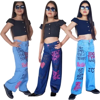 Calça jeans wide led pantalona infantil juvenil calça folgada lançamento