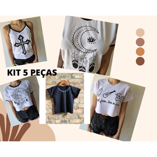5 peças KIT DE 5 unidades de Blusas de malha Algodão T Shirt Cropped Feminina Basica