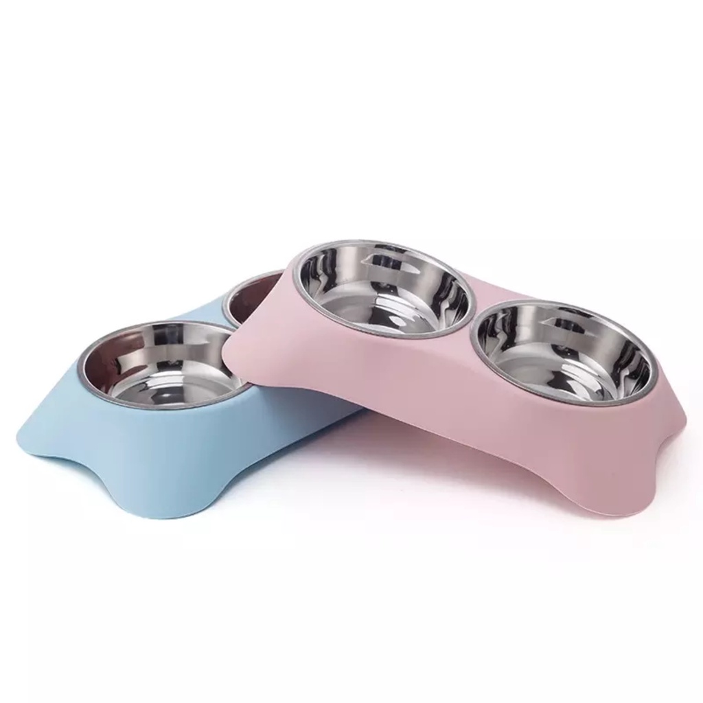 Pode Alimentador, Comedouro Duplo Para Pet Cachorro Gato 2 Pratos Tigelas Inox e Base Plástica Resistente