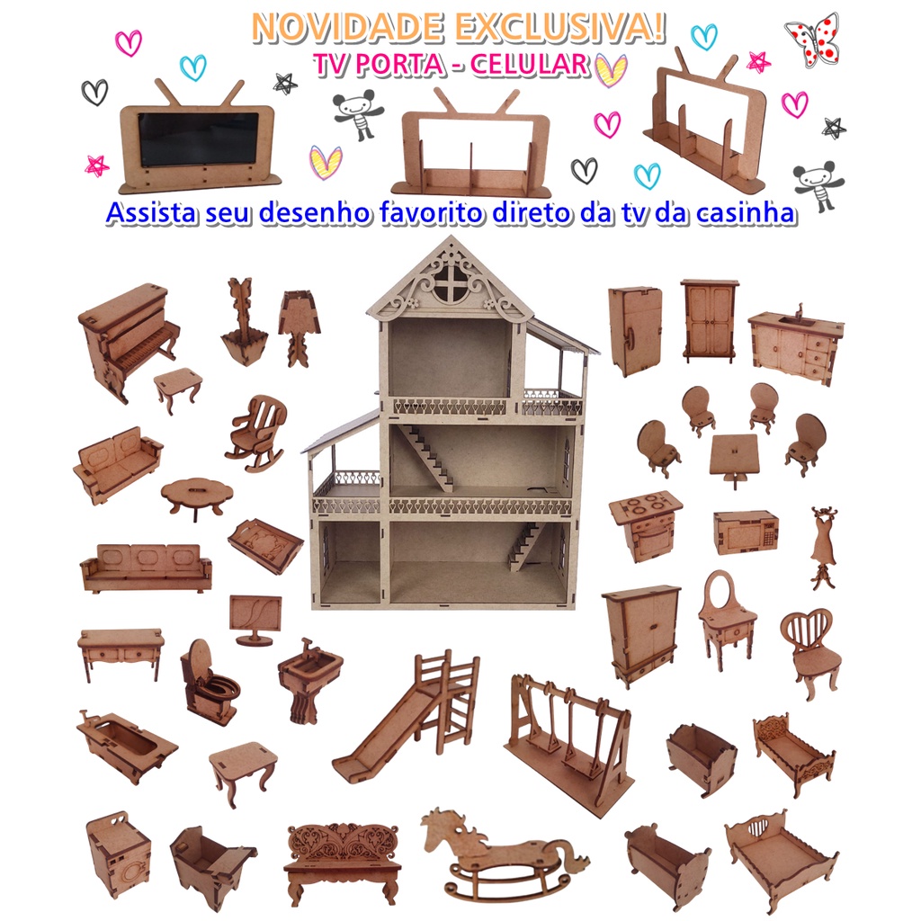 Novo Casa Casinha Para Barbie/polly/lol 60cm Mdf Com Brinde