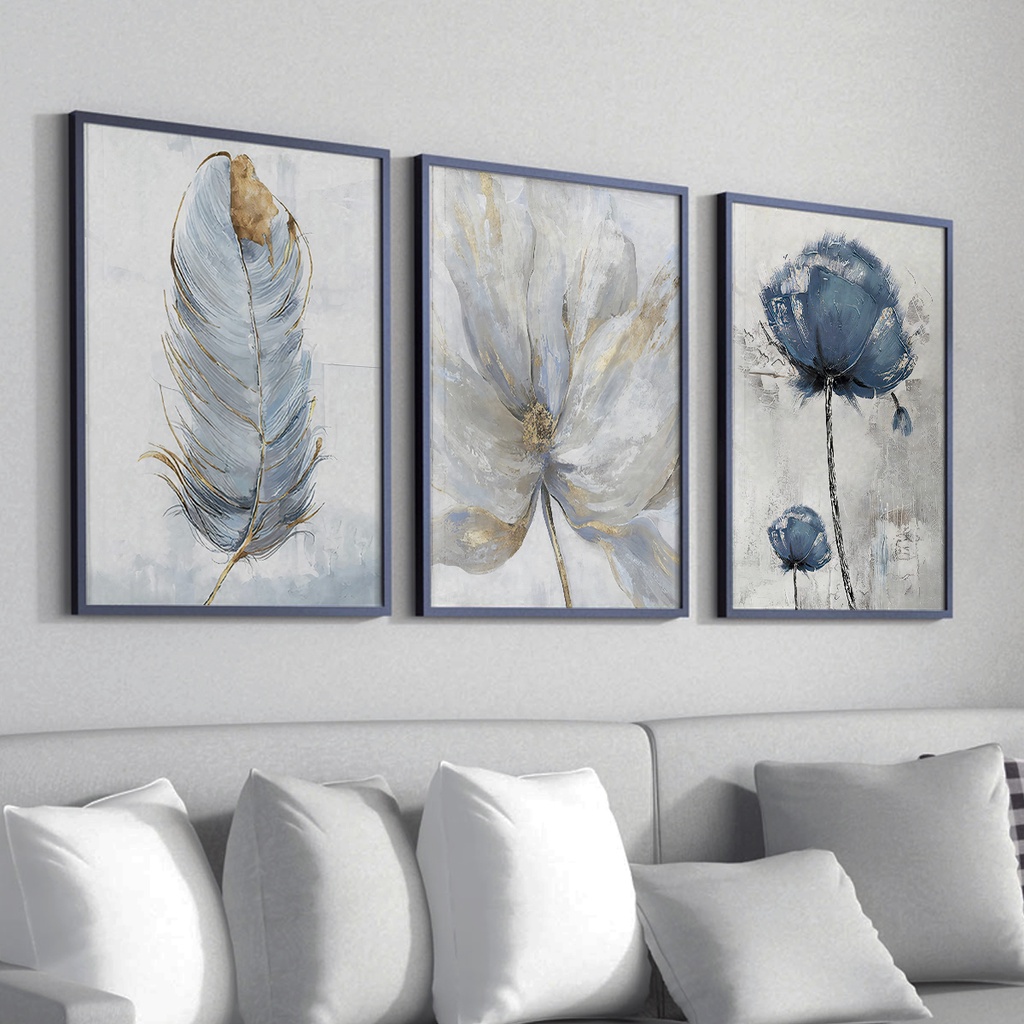 Conjunto Quadro Decorativo Floral Para Sala Moderno Moldura Abstrato