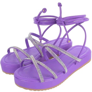 Birken Feminina Sandália de Amarração Papete Flatform Tiras de Amarrar na Perna Confortável Strass Blogueira Ref. 30/19