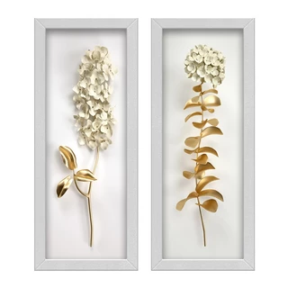 Kit 2 Quadros Lavabo Dourado De Flor Branco Ramo