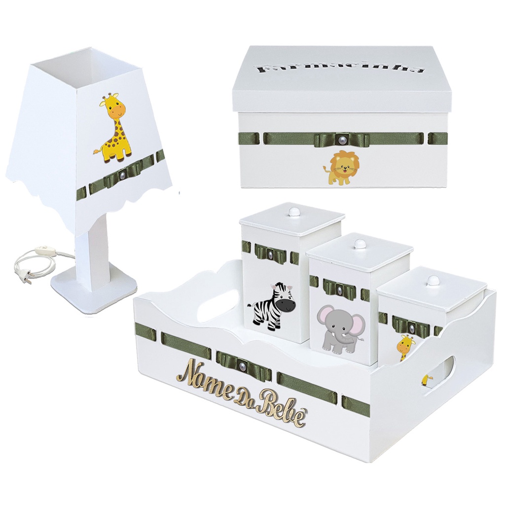 Imagem do produto Kit Higiene Safari Branco Abajur, Cesta e Farmacia Personalizado com Nome do Bebê