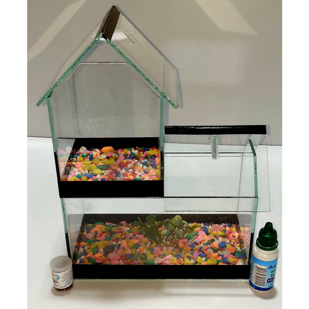 Aquario Beteira Modelo Castelo Peixe Betta Dois Andar Pedrinhas coloridas e Plantas artificiais - Promoção