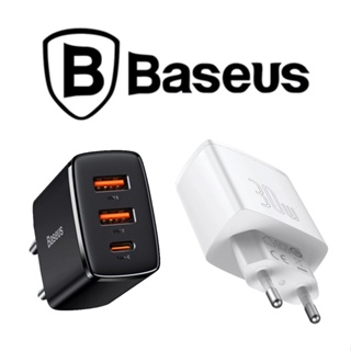 Carregador Rápido 30W Baseus Compact Quick Charger - 2 Entradas USB + 1 Entrada Tipo C - Preto e Branco