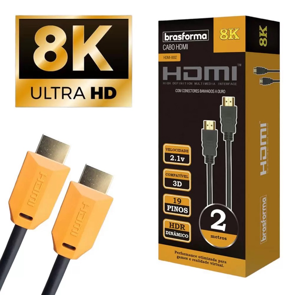 Cabo hdmi 2 1 8k 4k 3d ultra hd earc 120hz 2m tv ps5 xbox 19 pinos