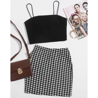 Conjunto Saia Shein e Cropped Aesthetic Xadrez Pata de Galo Moda