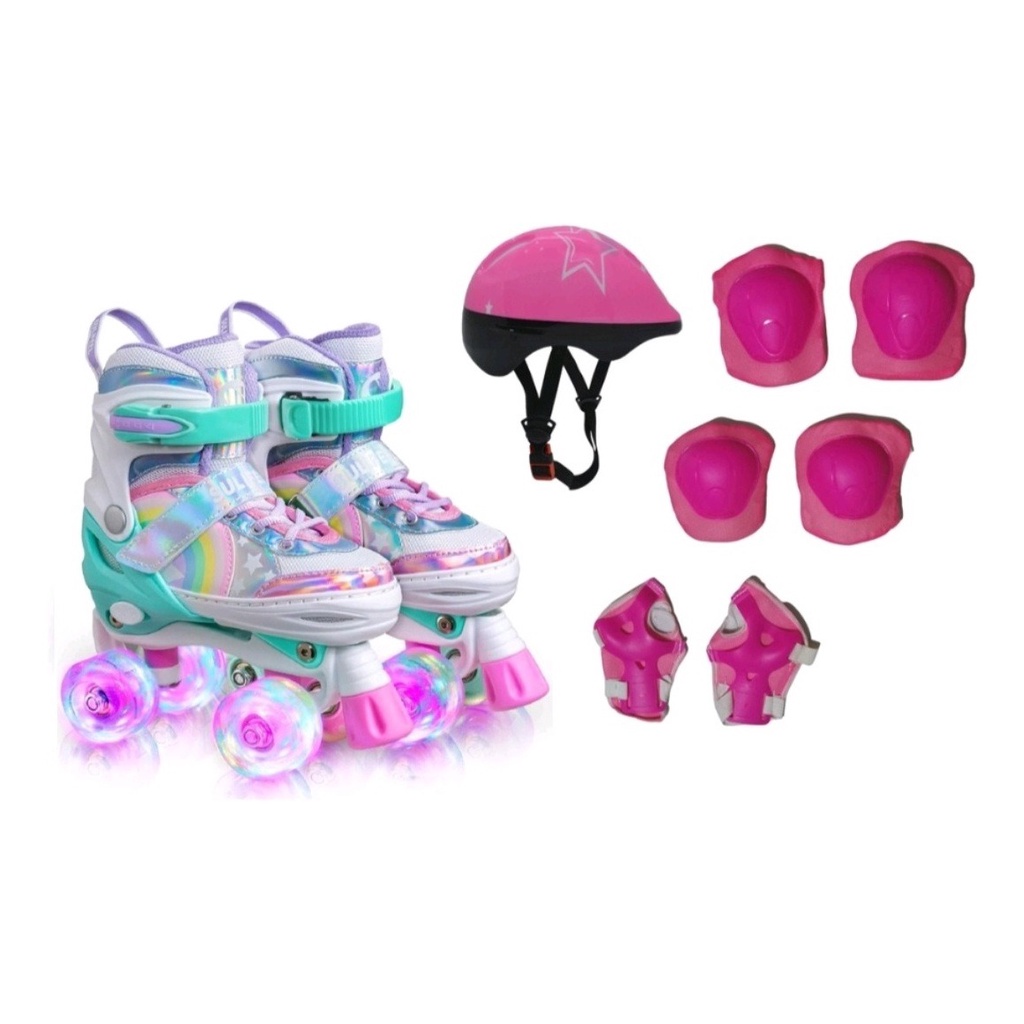Patins infantil Quad Arco Íris Ajuste de tamanho rodas q brilham + Kit Proteção