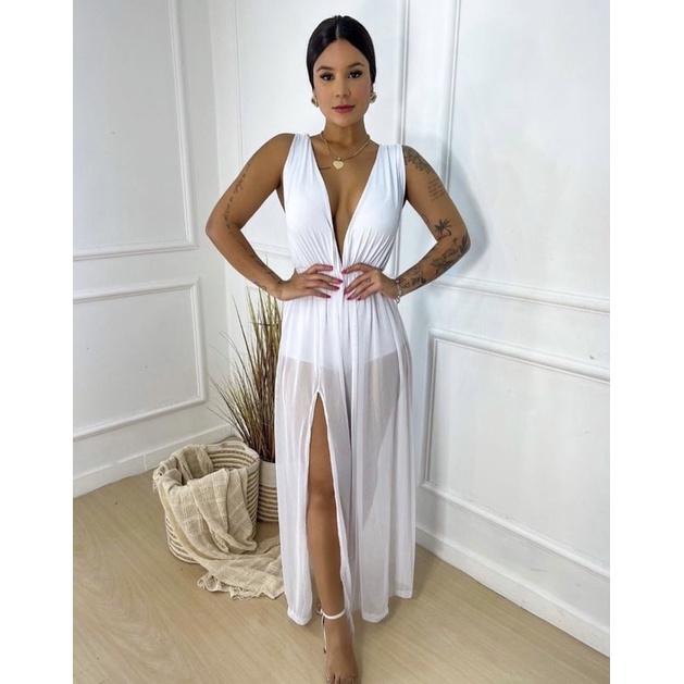 Vestido branco store longo com transparencia