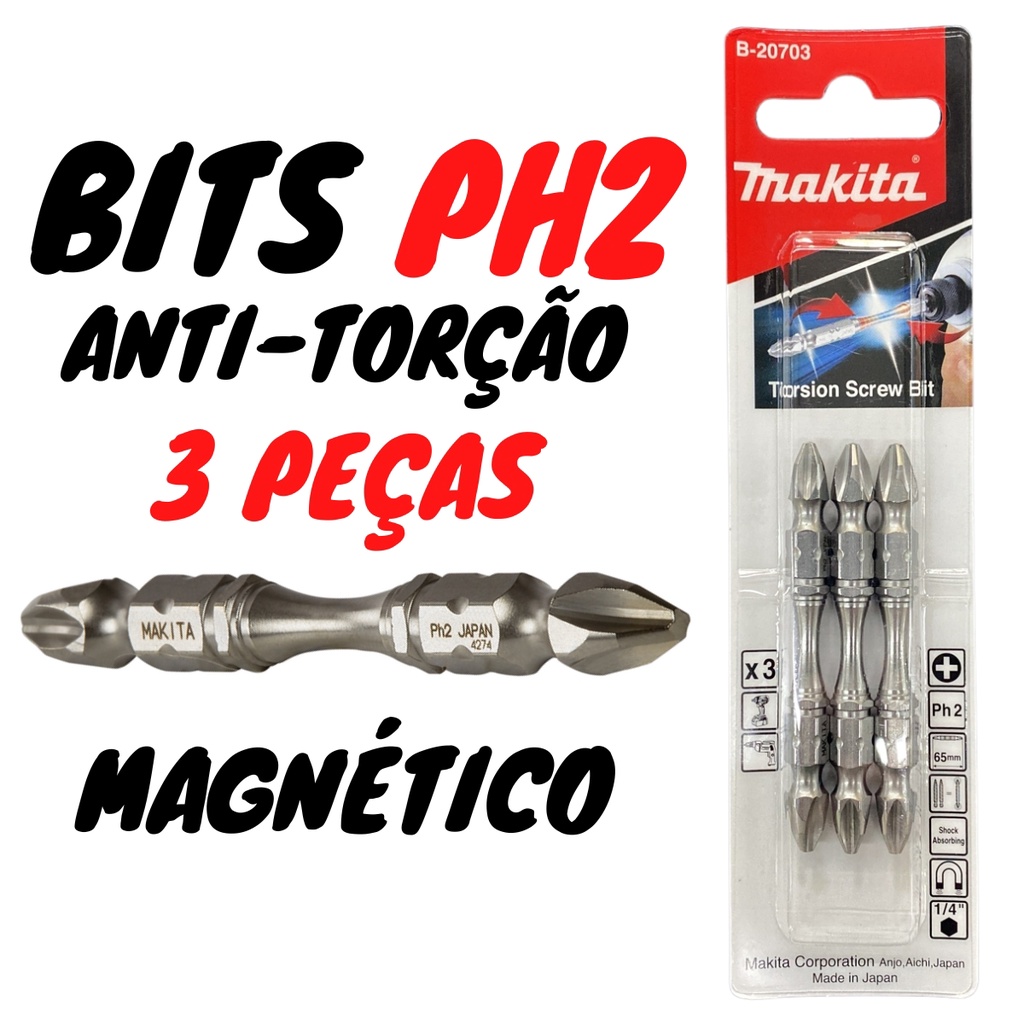 Jogo Bits Ph2 Ponta Dupla Magnético (3 Peças) Anti-Torção (B-20703) - Makita