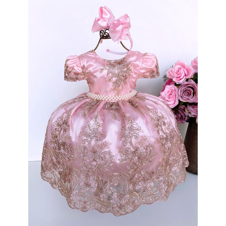 Vestido Rosa Realeza Princesa Dourado | Shopee Brasil