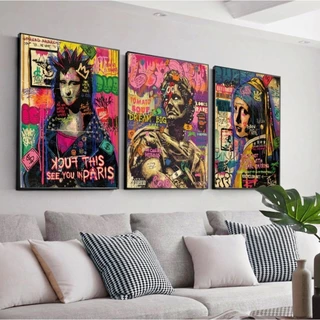 Quadro 3 peças pintura moderna monalisa romano menina abstrato