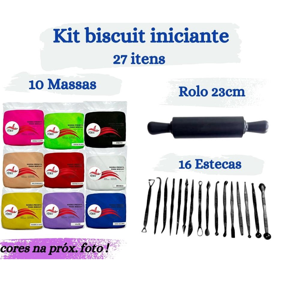 Kit Biscuit Para Iniciantes 10 Massas Rolo 23 Cm 16 Estecas 17 Cores Disponiveis