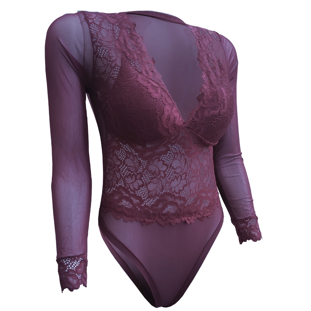 Body de Renda e Tule Manga Longa Feminino Decote V Com Bojo Moda ...