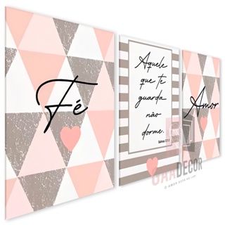 Kit 3 Quadros Decorativos para Sala Quarto Escritório Fé Salmos Amor Jesus