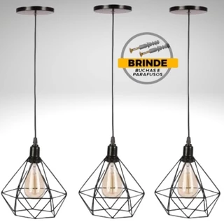 Kit 3 Pendente Aramado Diamante Luminária Lustre Teto Retro Industrial Cabo 1m Moderno preto