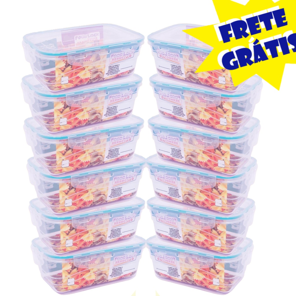 Kit 12 Marmitas Fitness 500ml Para Freezer E Micro-ondas com 4 Travas e Anel Vedação