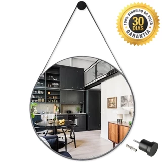 Espelho Redondo Decorativo Suspenso Alça 60cm + Pino Suporte