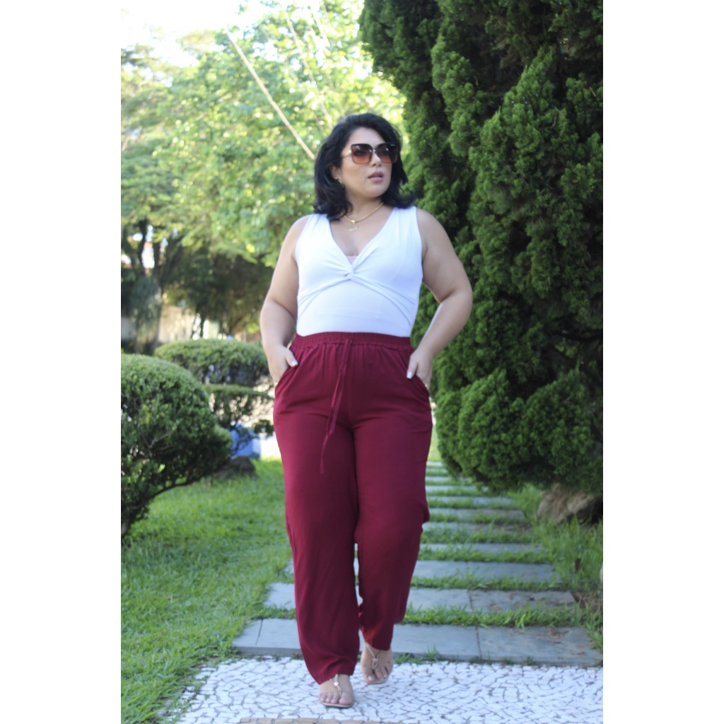 Calça Feminina De Viscose Com Elástico Na Cintura Larga Plus size