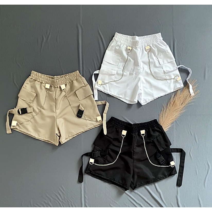 Short Feminino Cargo 2 correntes Tactel - Preto, Bege ou Branco