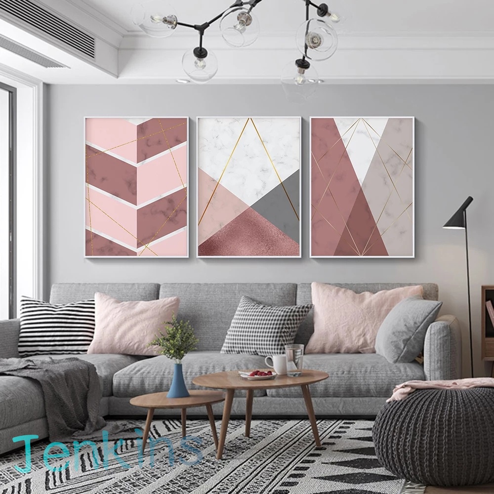 Quadro decorativo geométrico abstrato rosa cinza branco decoração para casa sala quarto