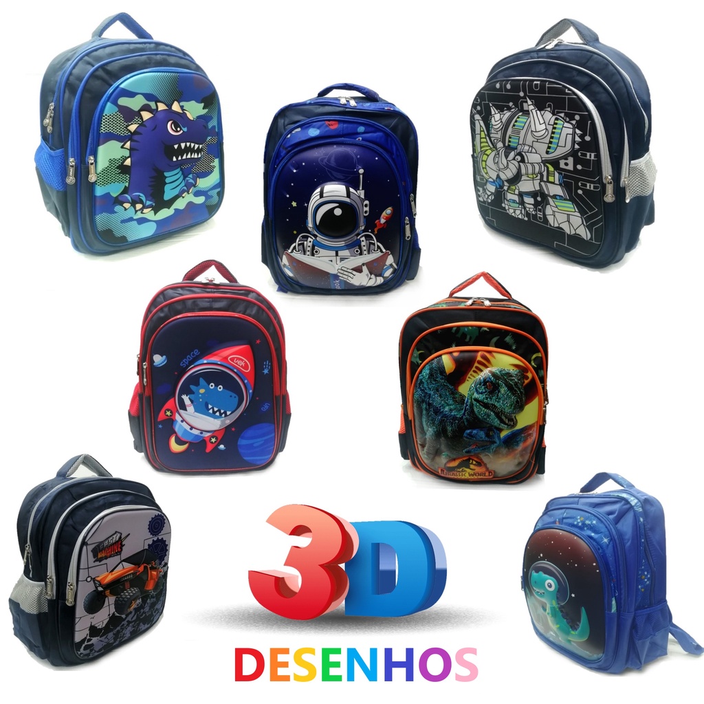 Mochila Infantil Menino Desenhos 3D Com 3 Divisórios Dinossauro ...