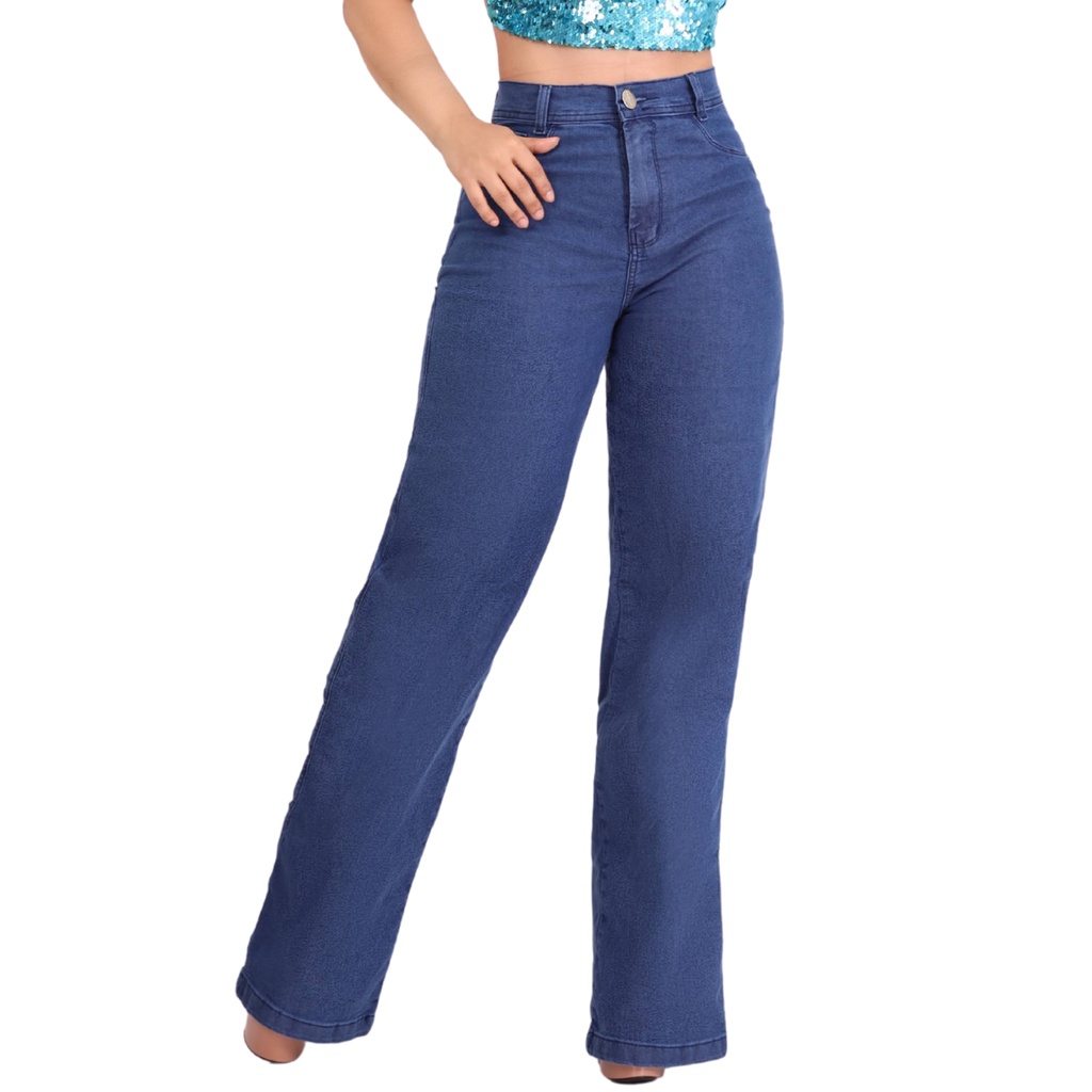 Calça Jeans Feminina Wide Leg Pantalona Cintura Alta Boca Larga