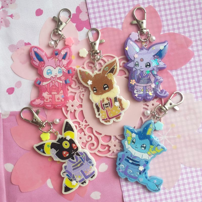 Chaveiro eeveelutions Kimono | Sylveon Eevee Espeon Vaporeon Umbreon pokémon arte resina