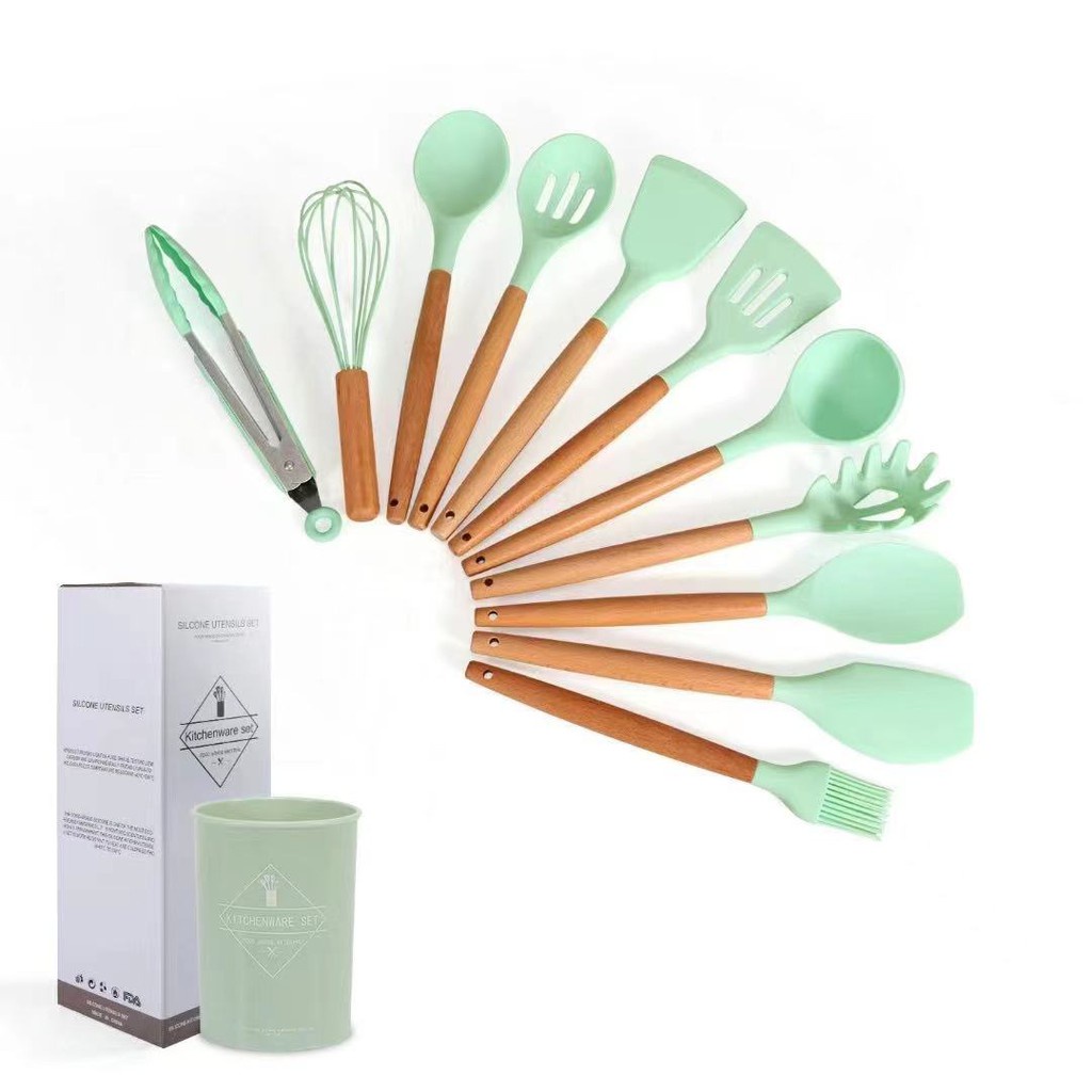 Jogo Kit C/12 Peças Utensílios De Cozinha Colheres Espatula Silicone Cabo Madeira Decoração Livre BPA - NO BRASIL
