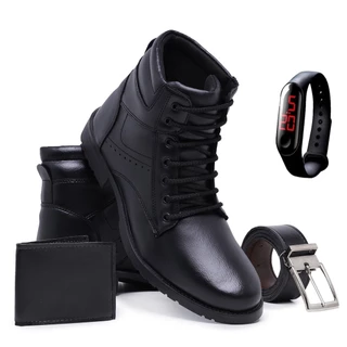 Kit Bota Masculina Casual Coturno Chelsea Elegante Confortável com Relógio Carteira e Cinto