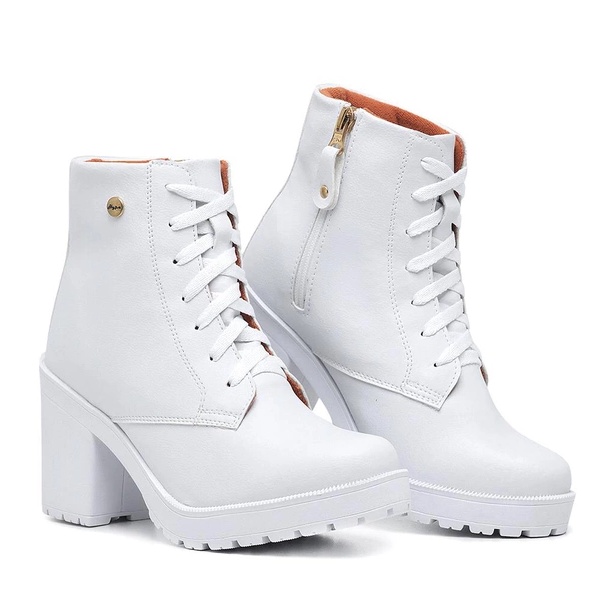 Bota Feminina Branca Coturno Tratorado Salto Médio Grosso Zíper
