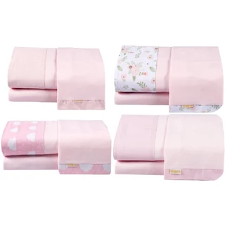 Jogo Lencol Berço Americano 3 Peças Menina Feminino Algodão Bordado Vira Bebê Brubrelel Baby com Elástico com Fronha Rosa Rosê Lilás Flor Bordado Nuvem