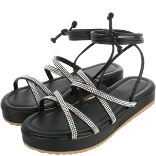 Sandália Feminina de Amarração Papete Birken Flatform Tiras de Amarrar na Perna Confortável Strass Blogueira Ref. 30/19