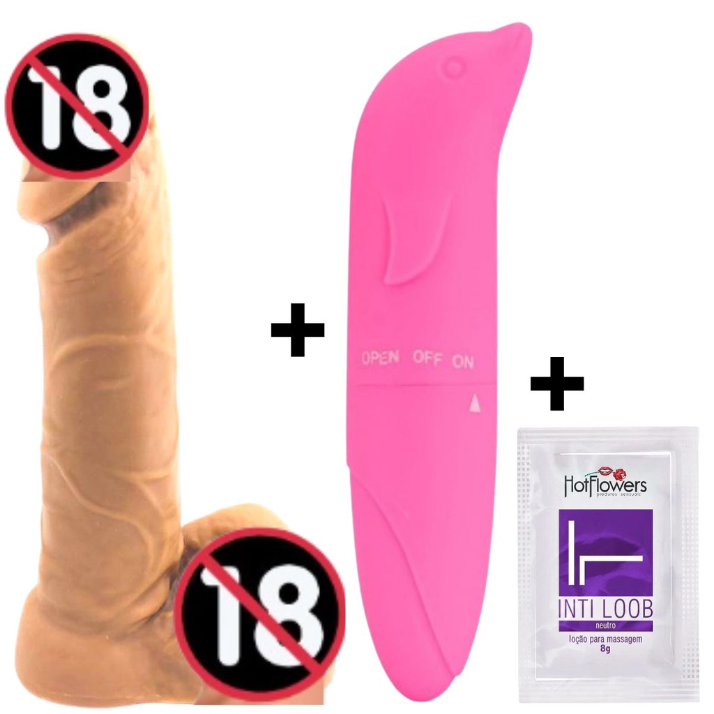 Kit com Pênis Realístico de Borracha 14,5 X4,6CM Consolo de borracha com  Escroto + Vibrador masturbador golfinho ponto G Feminino + lubrificante ...