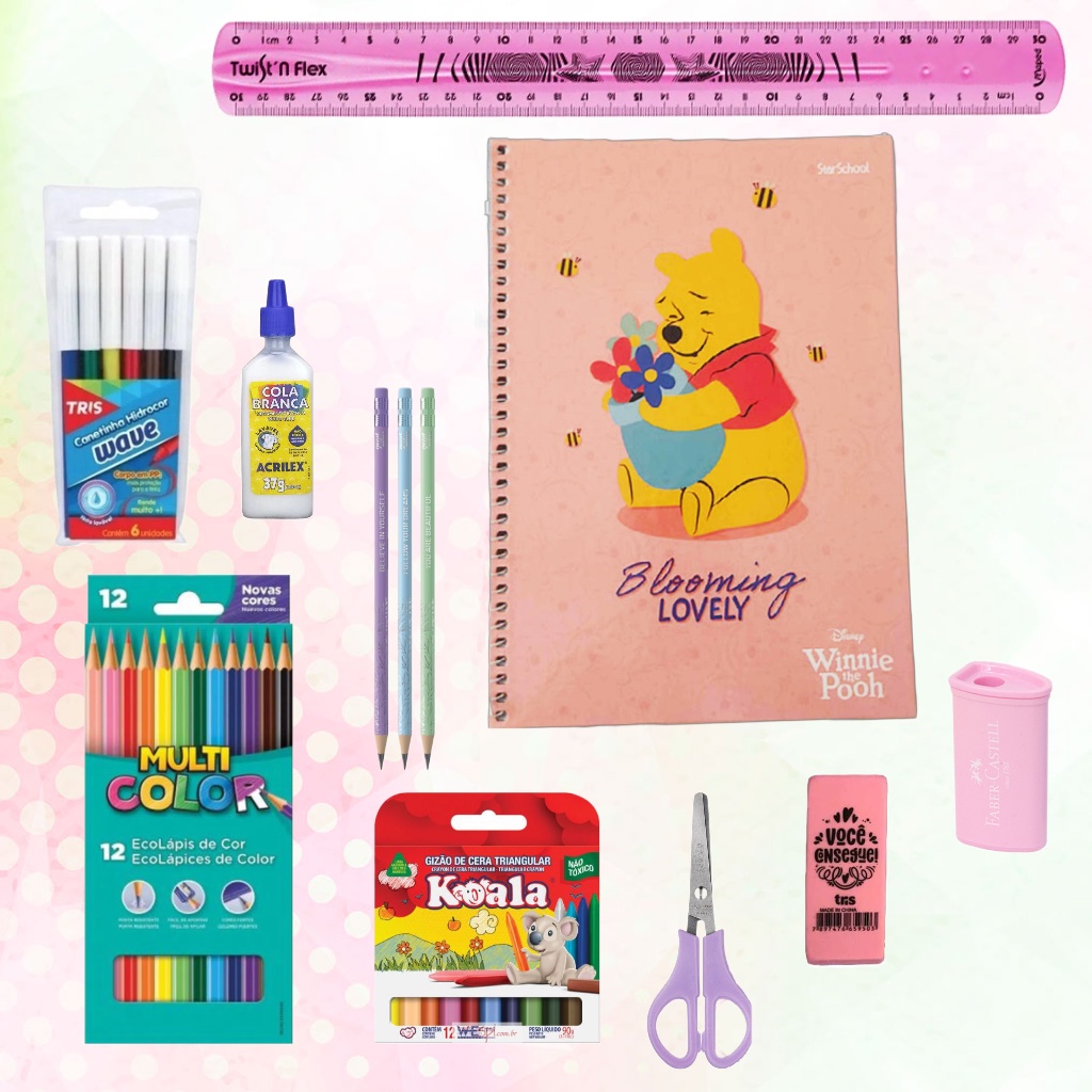 Kit Material Escolar Fundamental Completo 1 Feminino, Infantil, Com Caderno 1 Matéria Lápis, Tesoura, Régua, Tesoura, Giz e Cola