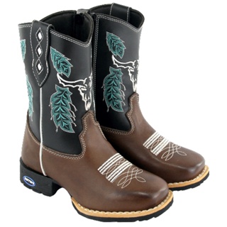 Bota Botina Menino Infantil Texana Country Bordada Boi Com Zíper Bico Quadrado