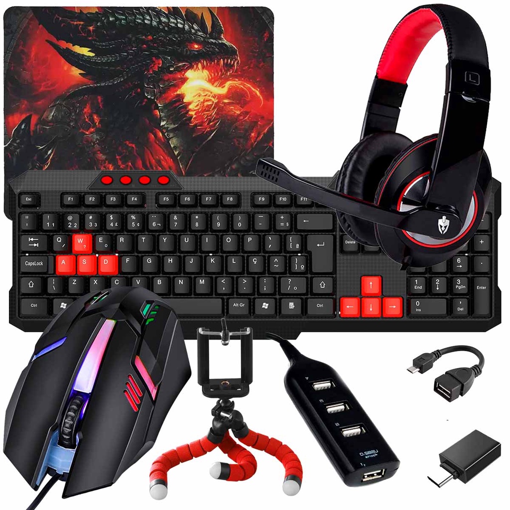 Kit Mobilador Completo Com Headset Teclado Mouse Hub Suporte Celular