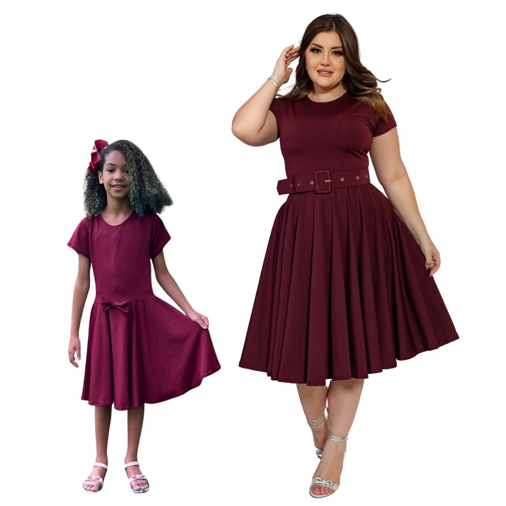 KIT com Vestidos Mãe e Filha Modelo Midi Godê Bordo Shopee Brasil