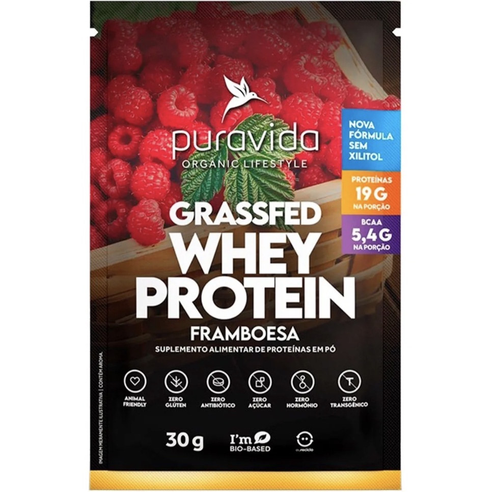 Grassfed Whey Protein Puravida, Clean Label Framboesa, Sachês 30g