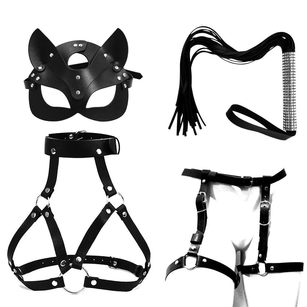 Kit BDSM 4Peças Sadomasoquismo Fantasia Algema Chicote Fetiche Dominatrix Erotico Bondage