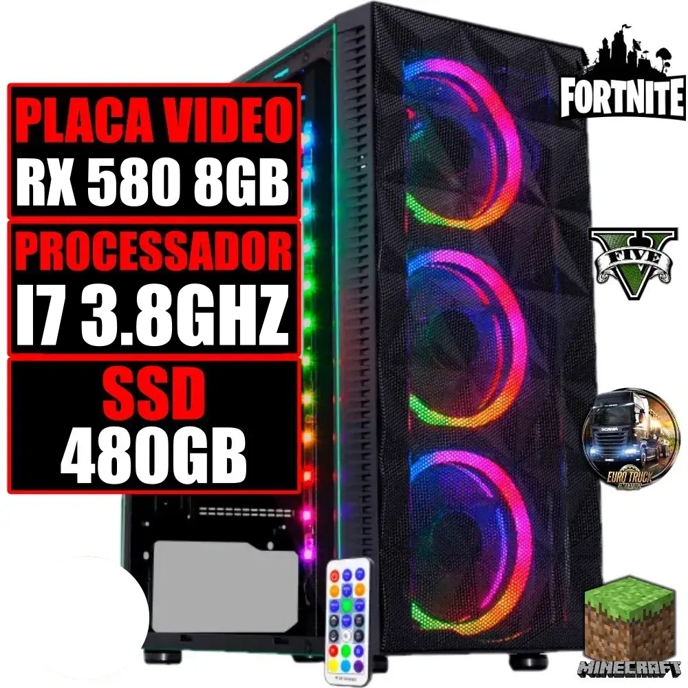 PC Gamer Computador Cpu Intel Core i7 3.8Ghz / Placa Video Rx 580 8GB / 16GB Ram / Ssd 480GB