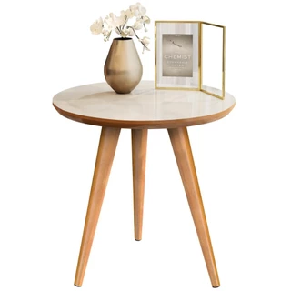 Mesa de Lateral Classic Off White com Freijó - Redonda com Pés Palito Decoração