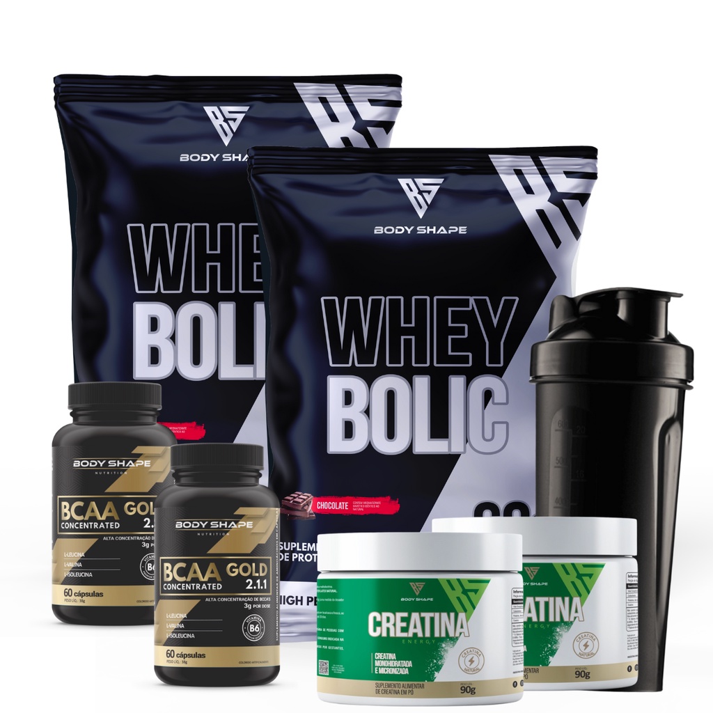 Kit 2x Whey 1kg + 2x Bcaa Gold + 2x Creatina 90g + Coqueteleira