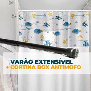 Varão Extensível Preto + Cortina Box Com Visor Transparente Em PVC Para Banheiro Anti Mofo Cortina Box 200x135cm C/ Varão 60cm Até 90cm