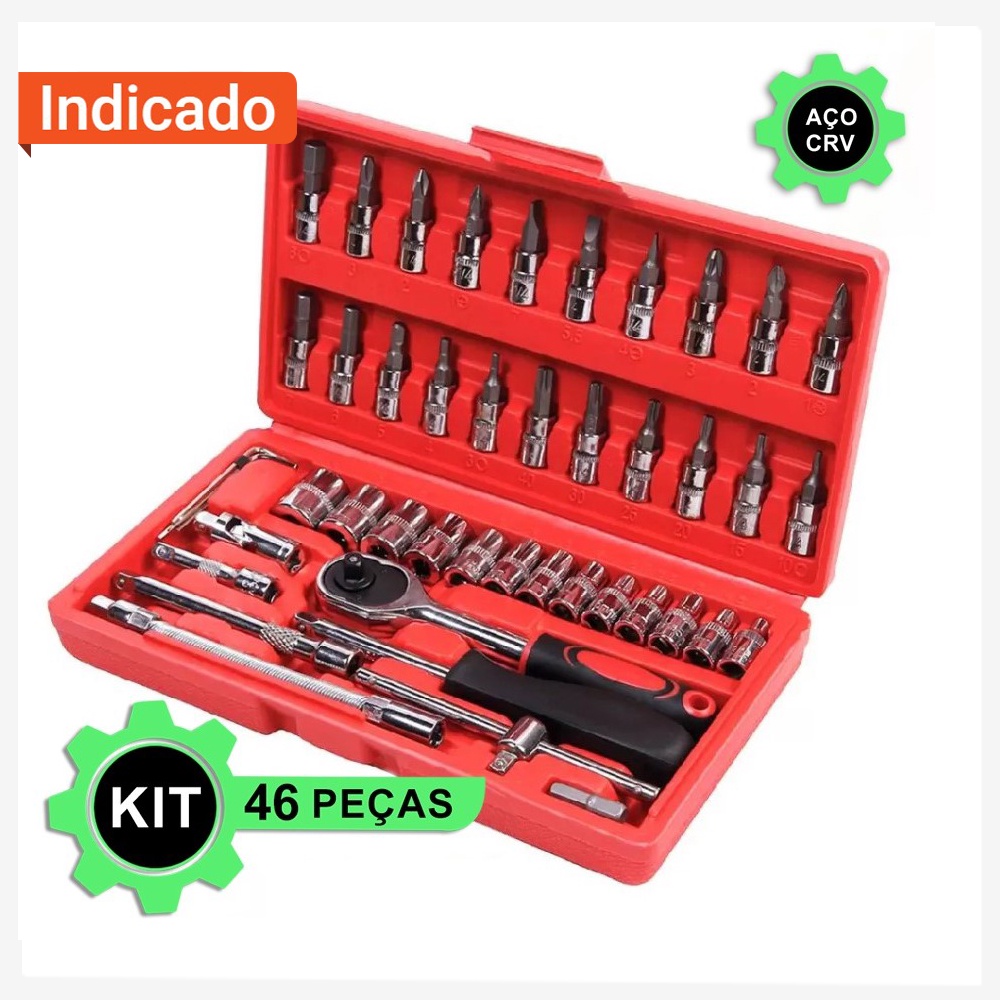 Kit Chaves Jogo Catraca Reversível Soquetes 46 Peças + Maleta