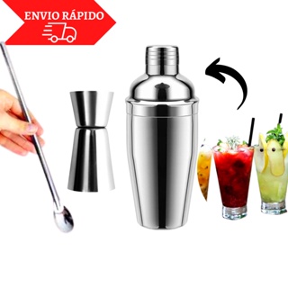 Kit 3 Peças. Colher Bailarina 30Cm, Dosador Duplo em Inox e Coqueteleira 500ML Para Bebidas, Coquetéis, Drinks e Caipirinha Kit Profissional Barmen