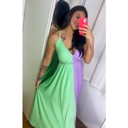 Vestido de Grávida Para Chá Revelação Bi Color Duo Color Verde e Lilas com Bojo LIQUIDA TOTAL