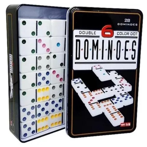 Dominó Dominoes com 28 Peças de 9mm e Estojo Lata + Baralho MB Teach com  108 Cartas